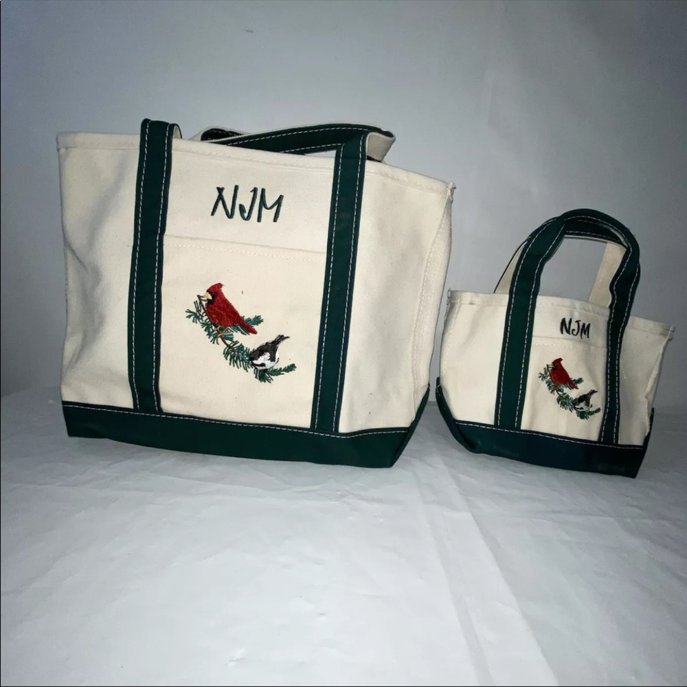 Vintage LL Bean Large Canvas And Small One Embroidered Birds With Initial
